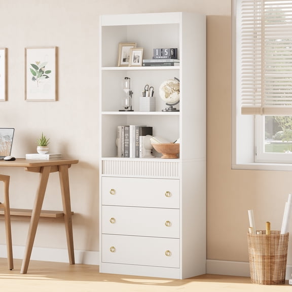 Gaderth Fluted Bookcase with Drawers, 70.8" 6-Tier White Bookshelf, Waved Design Storage Cabinet, Tall Book Shelf with Waved Design, Storage Cabinet with Open Shelf for Living Room Office