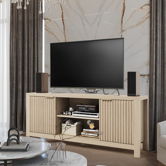 Gaderth Fluted Modern TV Stand for 65 Inch TVs, Media Console Table, Heavy-Duty Entertainment Center with 2 Storage Cabinets & Open Shelves, Versatile Mueble para TV for Living Room & Bedroom