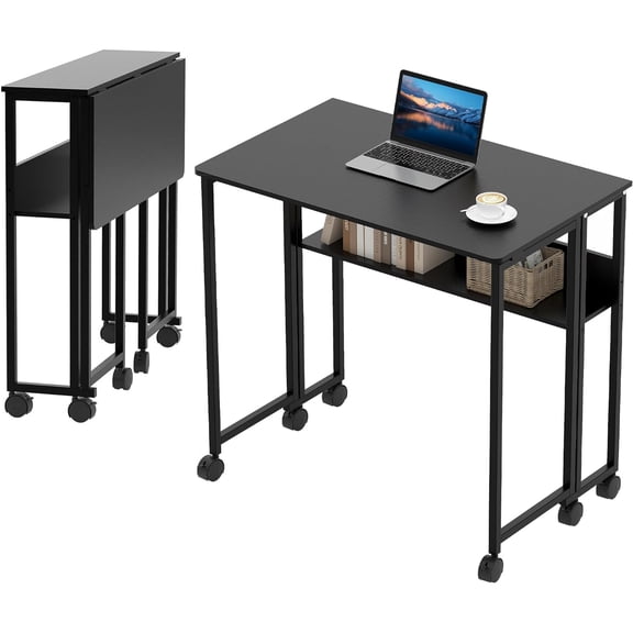 Gaderth Folding Desk With Wheels,Small Rolling Desk With Storage Shelf,Foldable Computer Table,Portable Sofa Table,Space Saving For Home Office