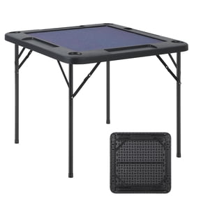 Gaderth Folding Mahjong Table, 35.4In/39In Square 4 Player Game Table with Chip Trays, Portable Card Desk with Cup Holders & Blue Tabletop for Poker, Jigsaw Puzzles