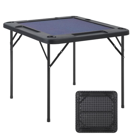 Gaderth Folding Mahjong Table, 35.4In/39In Square 4 Player Game Table with Chip Trays, Portable Card Desk with Cup Holders & Blue Tabletop for Poker, Jigsaw Puzzles