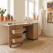 Gaderth Folding Sewing Table, Multipurpose Portable Craft Station & Side Desk with Caster Wheels, Storage Shelves, 2 Storage Trays, Magnetic Doors