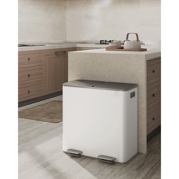 Gaderth Garbage Can for Kitchen,Dual Compartment Recycling Kitchen Step Trash Bin, Stainless Steel Trash and Recycle Bin Combo with Soft-Close Lid,Step-on Garbage Cans, PP Inner Buckets