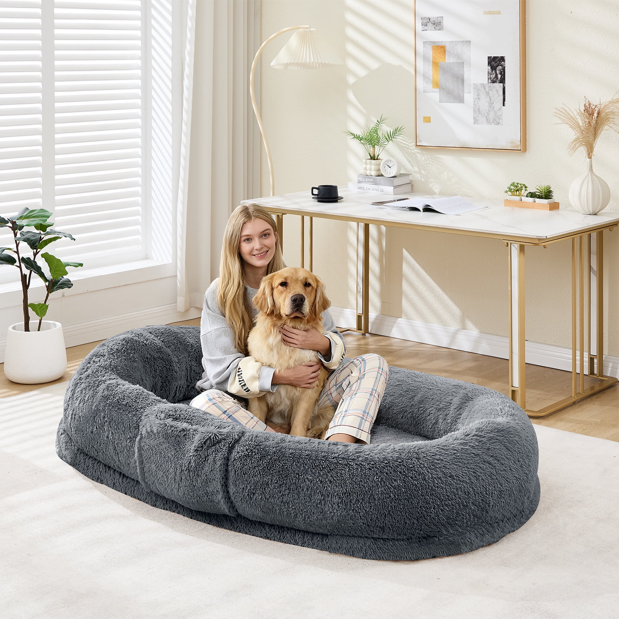Gaderth Giant Human & Pet Dog Bed, 64.9" x 41.3" Large Giant Shared Bed, Washable Faux Fur Orthopedic Bed with Plump Pillow, Side Pocket & Strap, No Assembly Needed