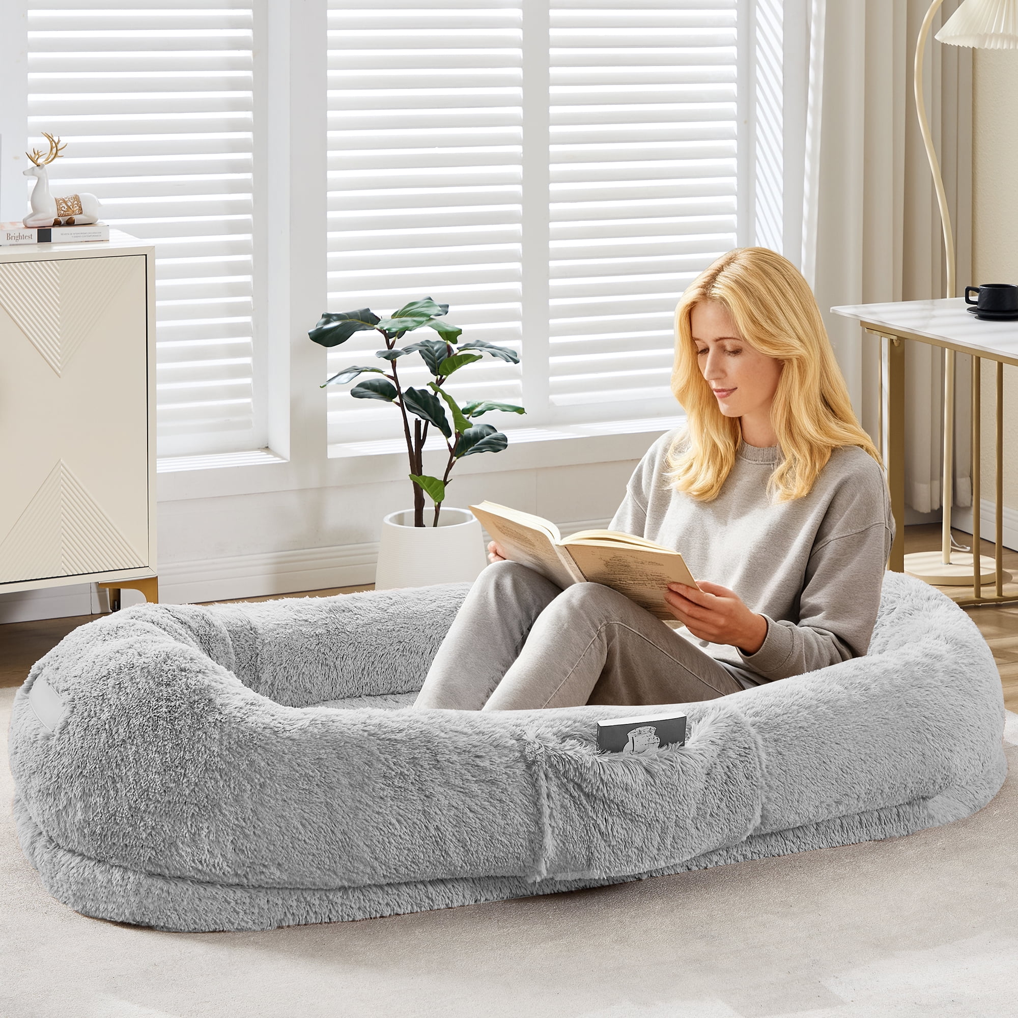 Gaderth Giant Human & Pet Dog Bed, 64.9" x 41.3" Large Giant Shared Bed, Washable Faux Fur Orthopedic Bed with Plump Pillow, Side Pocket & Strap, No Assembly Needed