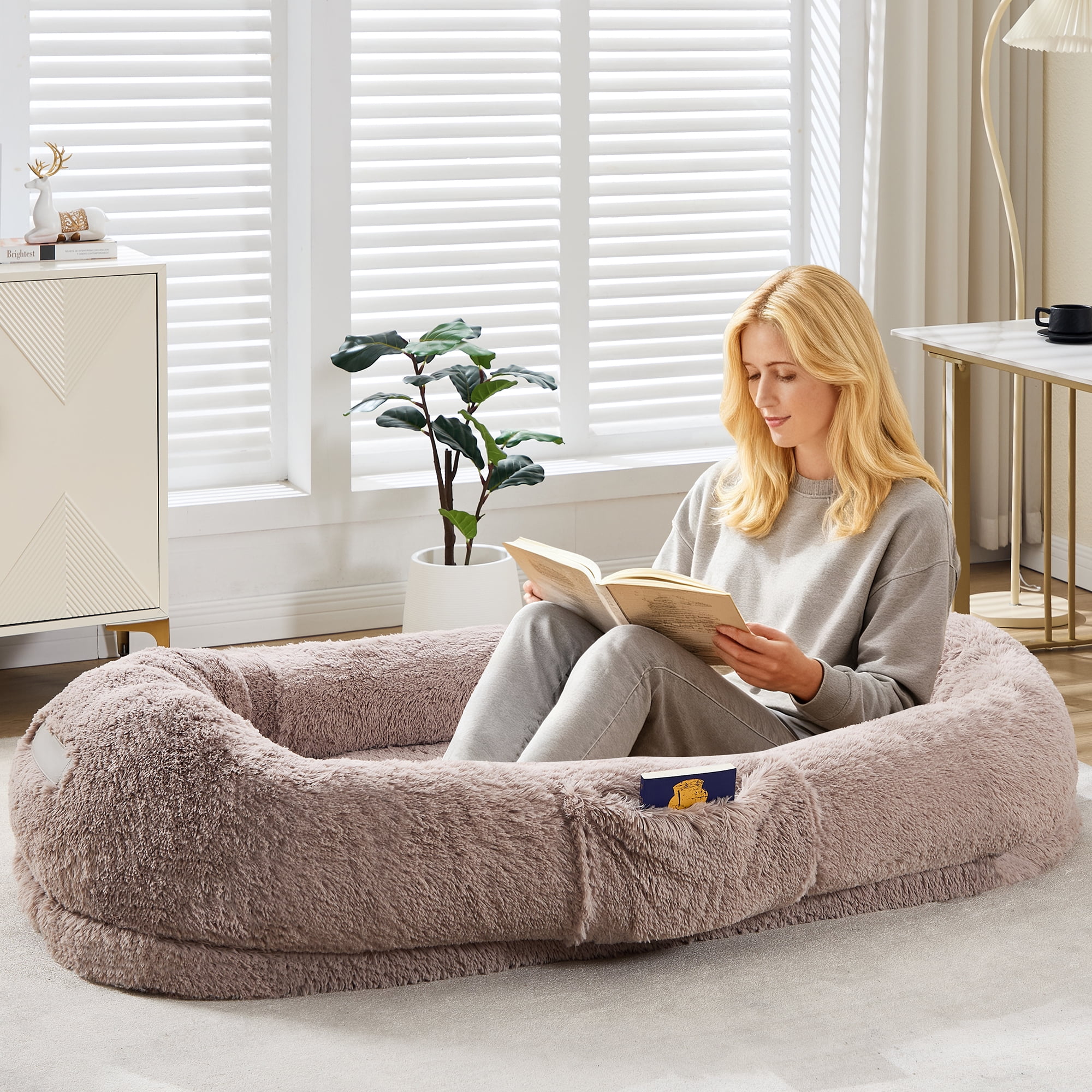 Gaderth Giant Human & Pet Dog Bed, 64.9" x 41.3" Large Giant Shared Bed, Washable Faux Fur Orthopedic Bed with Plump Pillow, Side Pocket & Strap, No Assembly Needed