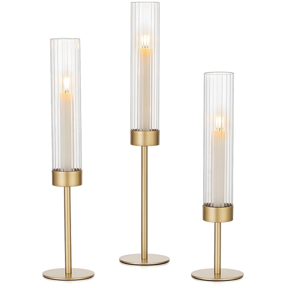 Gaderth Gold Hurricane Candle Holders, Taper Candlestick Holders with Ribbed Glass Cylinder Sleeves, Elegant Table Centerpiece for Wedding, Birthday, Christmas, Home Decor