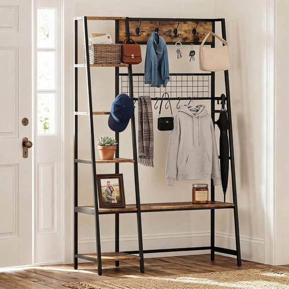 Gaderth Hall Tree with Shoe Storage and Bench, 43" Large Coat Rack Shoe Bench, 5 Tier Shelves and Hooks, 5 in 1 Front Door Shoe Rack Wall Rack for Entryway