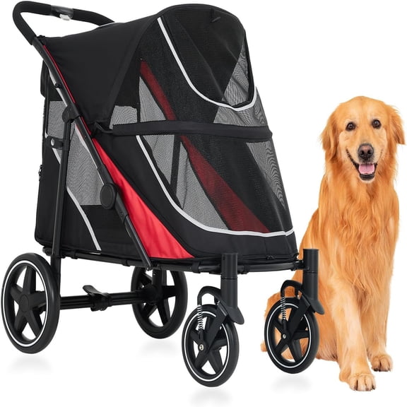 Gaderth Heavy Duty Large Dog Stroller for Extra Large Dogs, One-Second Fold & Go Collapsible Pet Jogger 11" Rear Wheels & 360° Front Swivel, Shock Absorption, Removable Bed & Storage Basket