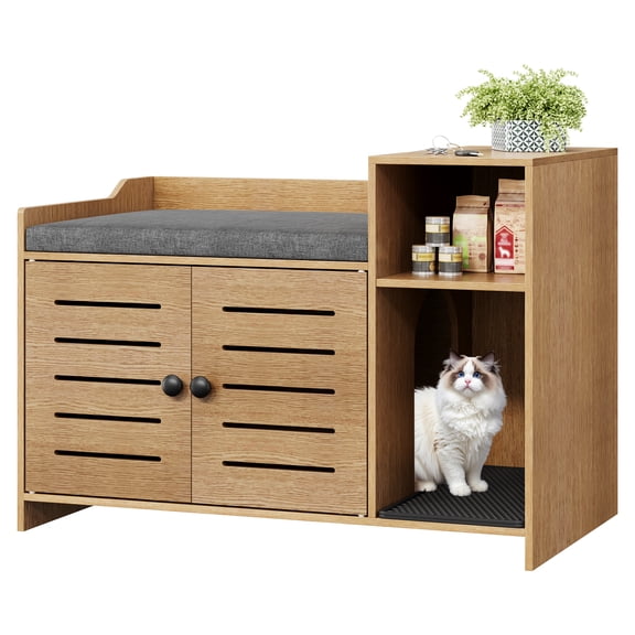 Gaderth Hidden Cat Litter Box End Table, Cat Litter Box Enclosures Furniture with Double Doors, Wooden Covered Litter Box Cabinet with Front Access, Storage Shelf, Cushion & Mat