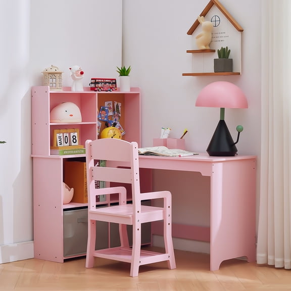 Gaderth Kids Desk and Chair Set, Kids Study Desk Set with Hutch and Storage, Kids Corner Desk Study Table with Bookshelf, Cloth Drawer and Bulletin Board for Girls