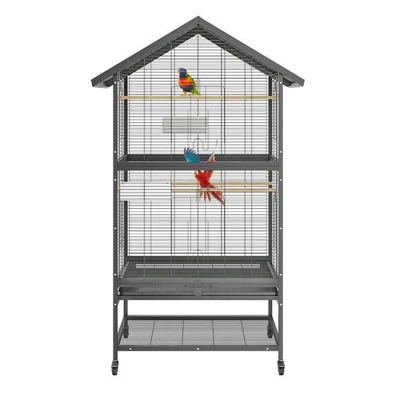 Gaderth Large Bird Cage For Parakeets And Cockatiels, 65.7" Tall Rolling Parakeet Cage, Flight Aviary With 4 Wood Perches, Feeders & Storage Shelf Parrot Cage For Indoor/Outdoor Use