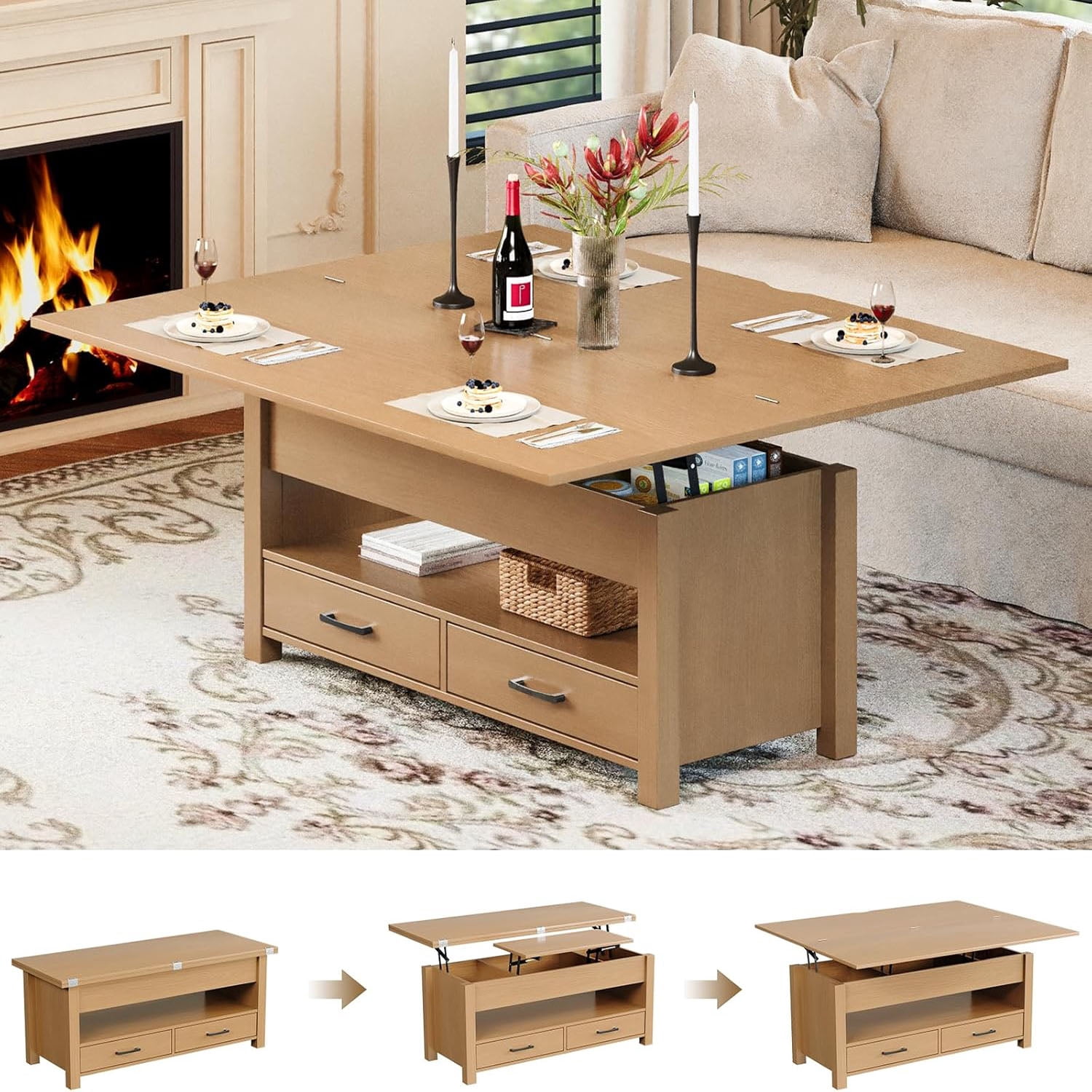 Gaderth Lift Top Coffee Table with Storage, Multi-Function Convertible ...