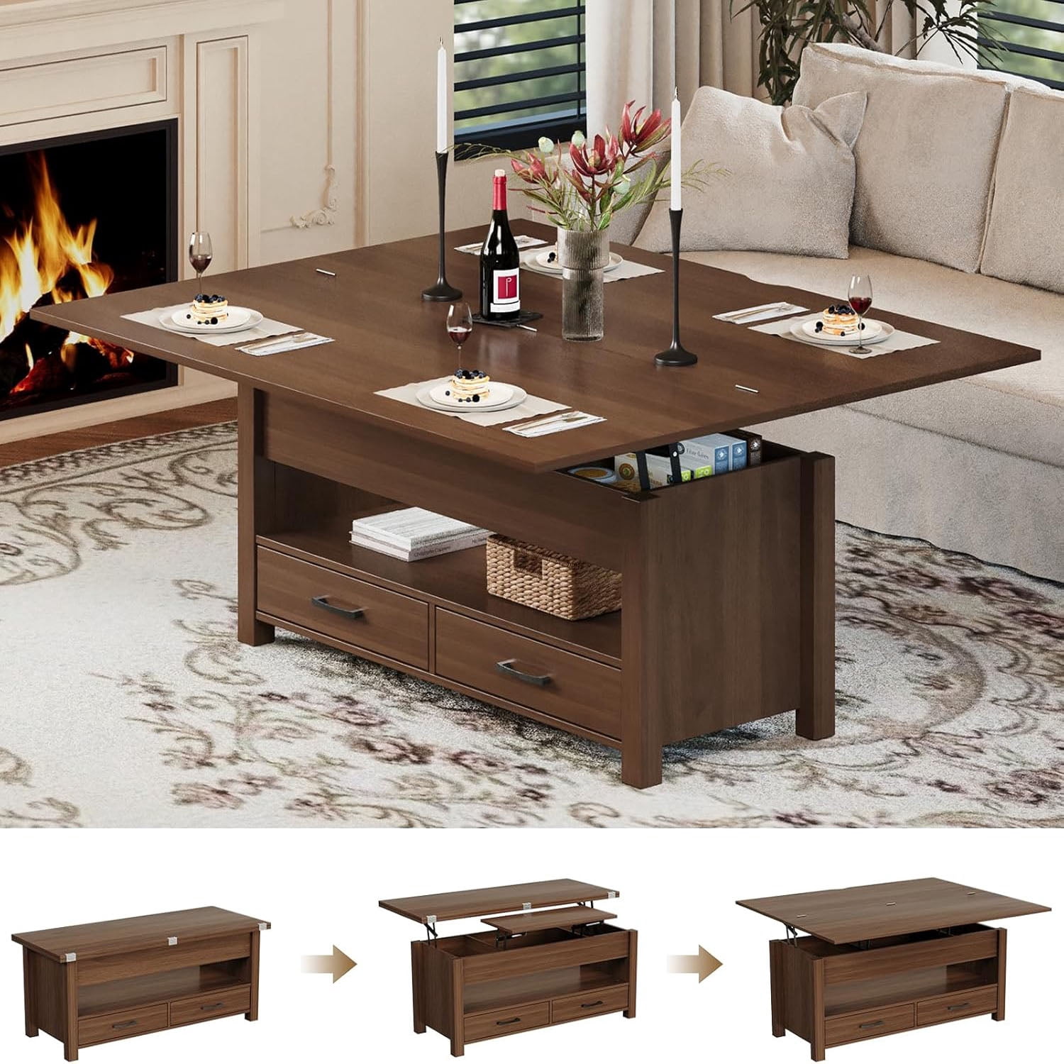 Gaderth Lift Top Coffee Table with Storage, Multi-Function Convertible ...