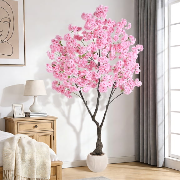 Gaderth Low Maintenance Cherry Blossom Tree -7ft Potted Artificial Plant with Realistic 3D Blooms,Pink Fake Flower Tree for Indoor Decor,UV Protected for Year-Round Porch,Garden,or Indoor