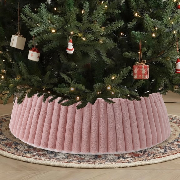 Gaderth Luxury Soft Faux Fur Christmas Tree Collar Ring - Striped Textured Tree Stand Base Cover - Collapsible, Easy Setup & Storage - Indoor Holiday Decor - Pink, 23-28 in