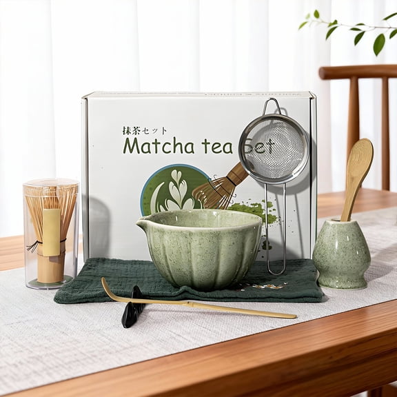 Gaderth Matcha Whisk Set, 6-Piece Ceramic Matcha Bowl & Bamboo Whisk Set with Scoop, Sifter, Chasen Holder & Brush, 6 Pcs Matcha Kit for Matcha Lovers