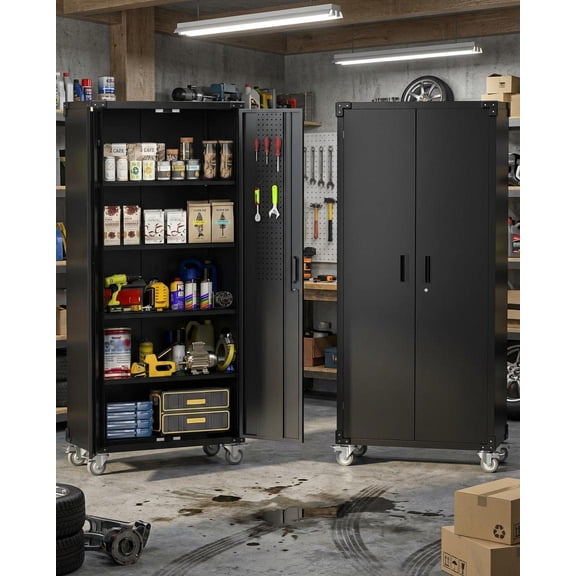 Gaderth Metal Storage Cabinet With Wheels,72" Garage Cabinets With 4 Adjustable Shelves And Lockable Doors,Tall Storage Cabinet With Locking Cabinet For Garages,Home,Office
