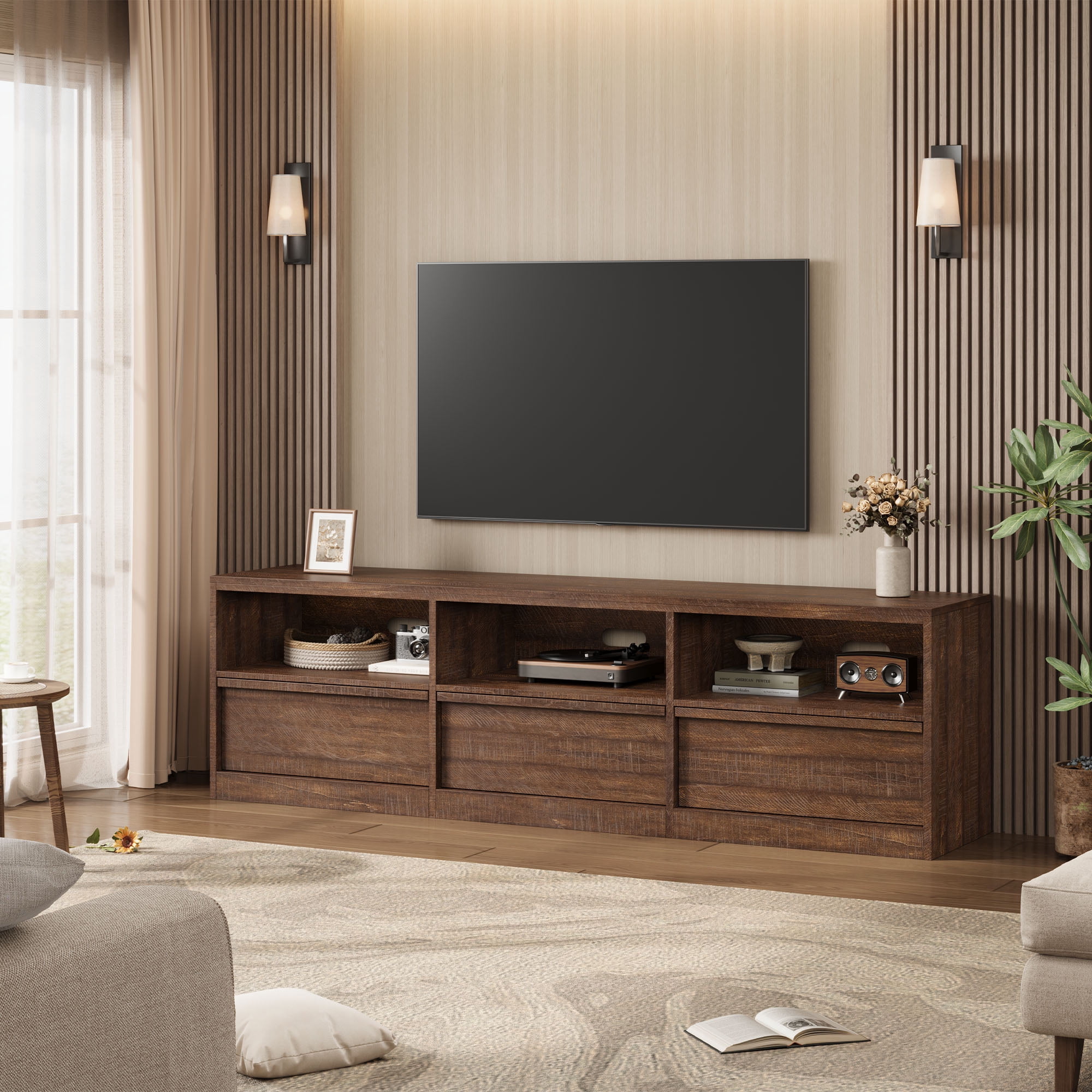 Gaderth  Mid Century Modern TV Stand, Sturdy MDF Media Console, Industrial Entertainment Center with 3 Drawers & Open Shelves for Living Room & Bedroom, Fits 65-80" TVs