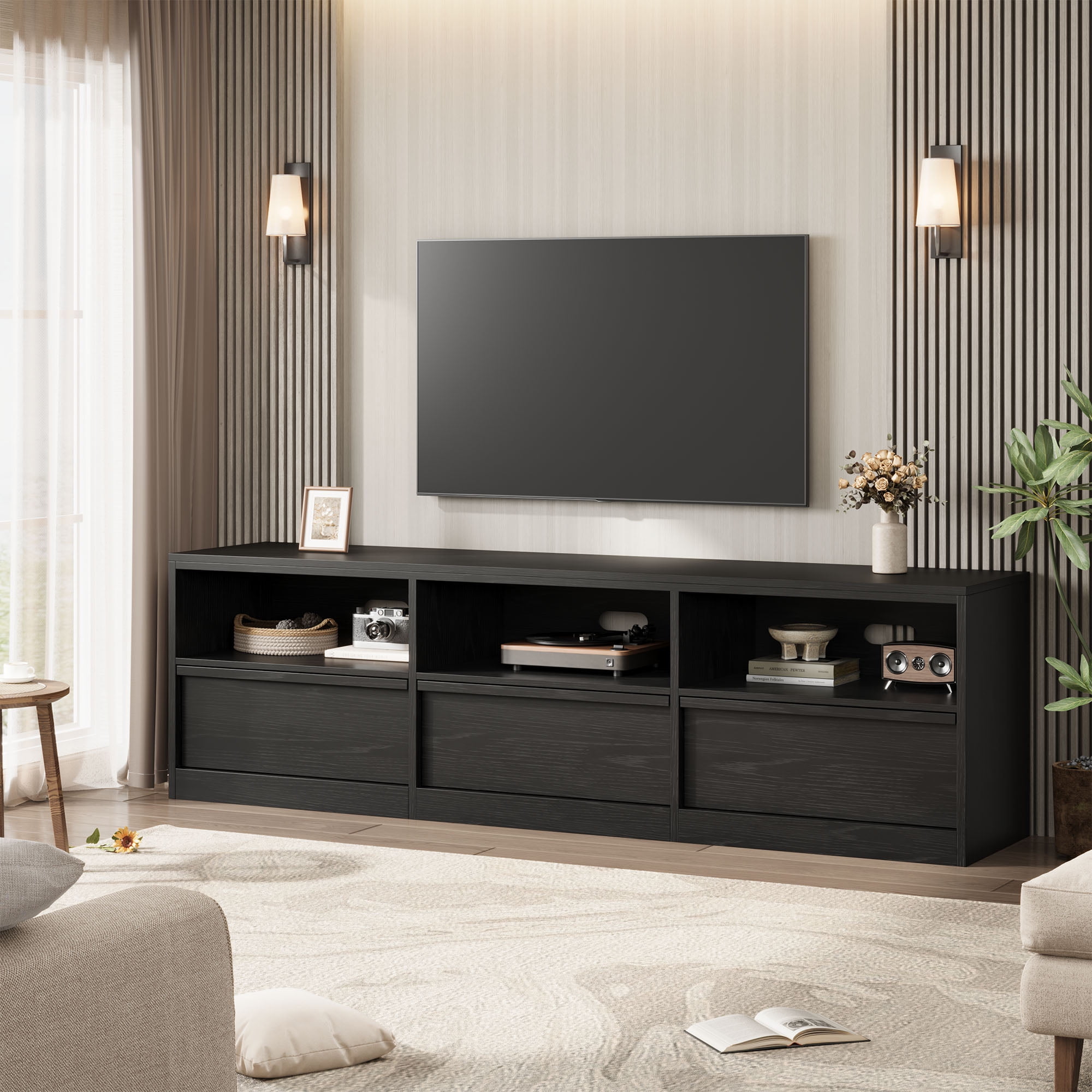 Gaderth  Mid Century Modern TV Stand, Sturdy MDF Media Console, Industrial Entertainment Center with 3 Drawers & Open Shelves for Living Room & Bedroom, Fits 65-80" TVs