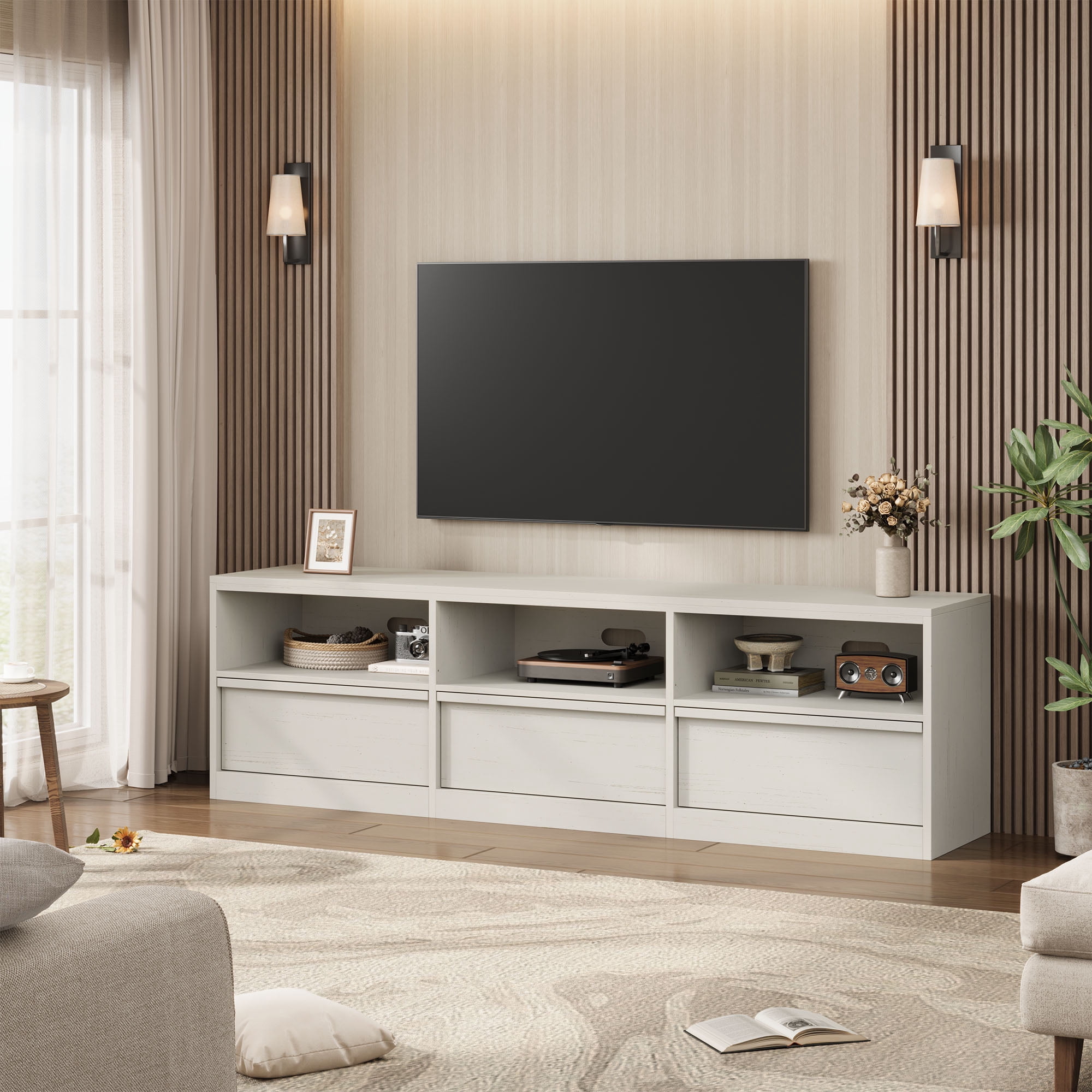 Gaderth  Mid Century Modern TV Stand, Sturdy MDF Media Console, Industrial Entertainment Center with 3 Drawers & Open Shelves for Living Room & Bedroom, Fits 65-80" TVs