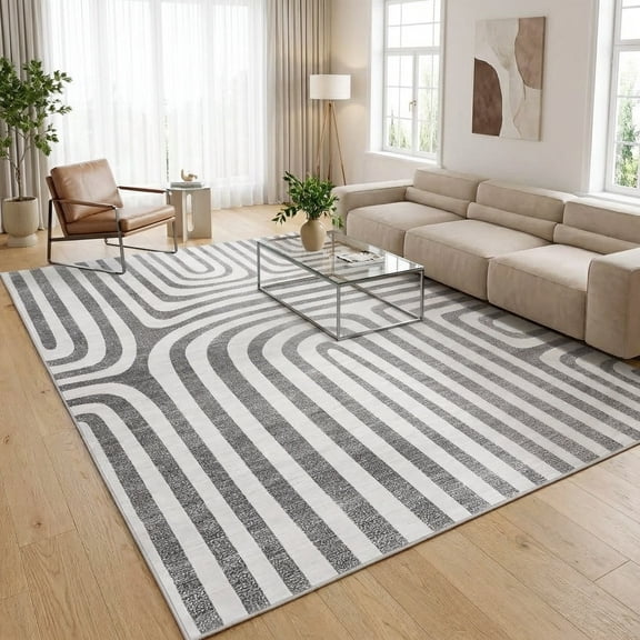 Gaderth Modern Abstract Washable Area Rug – Soft Low-Pile, Non-Slip, Collapsible, Spot Resistant Carpet – Pet & Child Friendly, for Living Room, Bedroom, Dining Room, Nursery – Black and Gray, 6x9ft