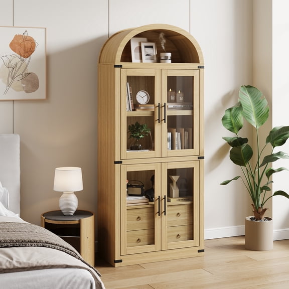 Gaderth Modern Arched Bookshelf with Glass Doors and Drawers – 71.4" Tall Wooden Display Cabinet – Rounded Freestanding Bookcase for Living Room, Kitchen, or Office – Log Outside + Log Inside
