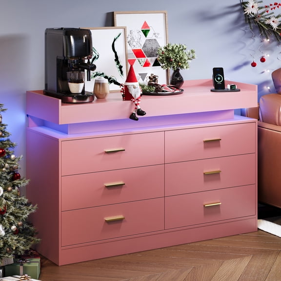 Gaderth Modern Entryway Storage Cabinet with 6 Drawers - LED Lights, Charging Station (USB/Outlets) & Floating Countertop - Sideboard Buffet/Coffee Bar/TV Stand, Pink