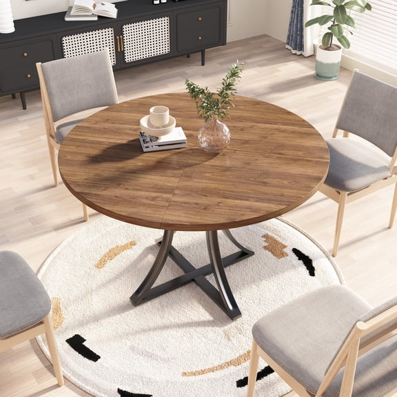 Gaderth Modern Industrial Round Dining Table for 4-6 People, Circle Kitchen Dinning Tables, Space-Saving Circle Kitchen Table with X-Shaped Pedestal Base, Wood Grain Finish-ONLY TABLE