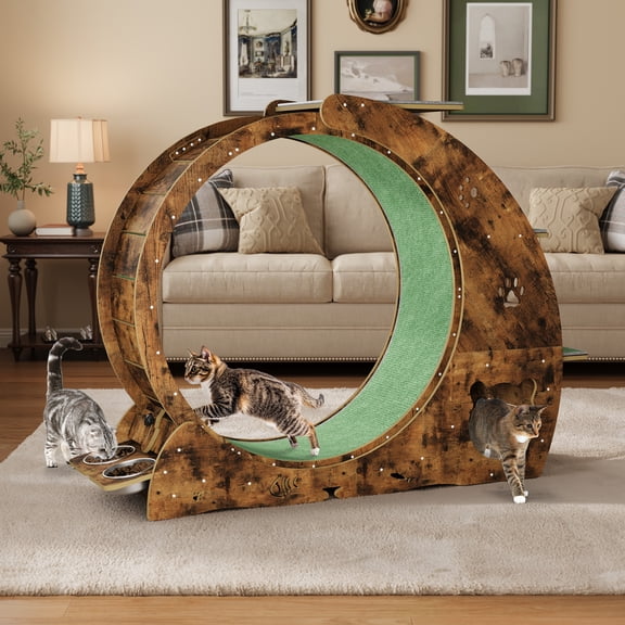 Gaderth Multifunctional Cat Wheel with 2 Bowls, Shuttle Cat Box, Scratching Post & 3-Tier Jumping Tower, Large Wooden Cat Exerciser for Indoor Walking, Running & Training