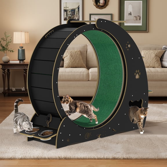 Gaderth Multifunctional Cat Wheel with 2 Bowls, Shuttle Cat Box, Scratching Post & 3-Tier Jumping Tower, Large Wooden Cat Exerciser for Indoor Walking, Running & Training