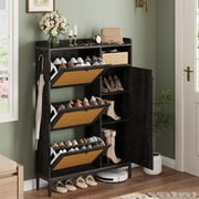 Gaderth Narrow Rattan Shoe Cabinet with 3 Turn Over-Top Drawers, Freestanding Entryway Organizer with 4-Tier Adjustable Shelves for Hallway, Closet, Foyer