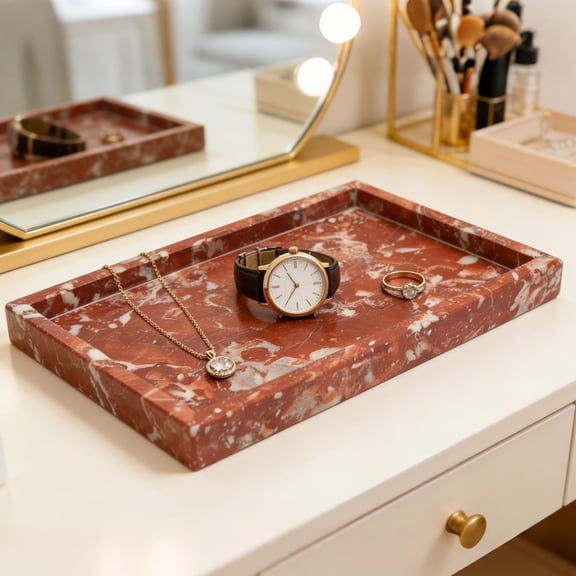 Gaderth Natural Marble Stone Tray, Luxury Stone Organizer for Bathroom & Kitchen, 11.8x7.9 in Red Rectangular Vanity Serving Tray with Non Slip Mats, Easy Cleaning, Non-Resin, Non-Ceramic Décor