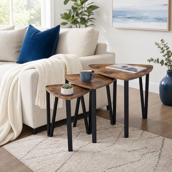 Gaderth Nesting Coffee Tables, End Tables Set of 3, Industrial Stacking Side Tables with Black Metal Frame, Multi Size Nestable Accent End Tables for Living Room Bedroom