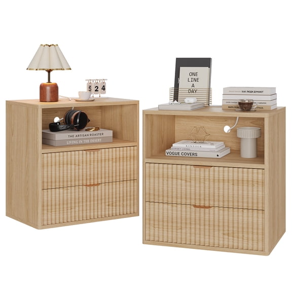 Gaderth Night Stand With Charging Station, 2 Drawers End Table, Bedside Table, End Table, 23" Mid-Century Nightstand With Drawers, Wood Side Table Set For Bedroom Sofa Home Office