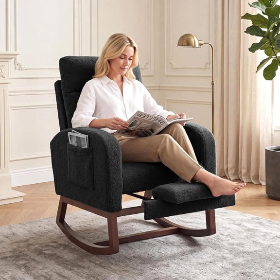 Gaderth Nursery Rocking Chair, Comfortable Glider Roking Chair, Glider Chair with Two Side Pockets, Corduroy Upholstered Glider Rocker with Footrest & High Backrest for Living Room, Bedroom