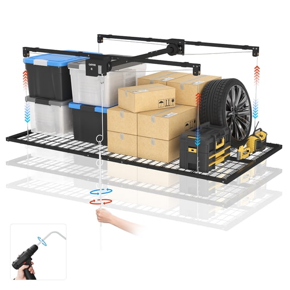Gaderth Overhead Garage Storage Rack Lift, Heavy-Duty Metal Ceiling Rack, 4x4 ft Ceiling Mounted Storage Racks, 79" Max Adjustable Height, 350lbs Weight Capacity