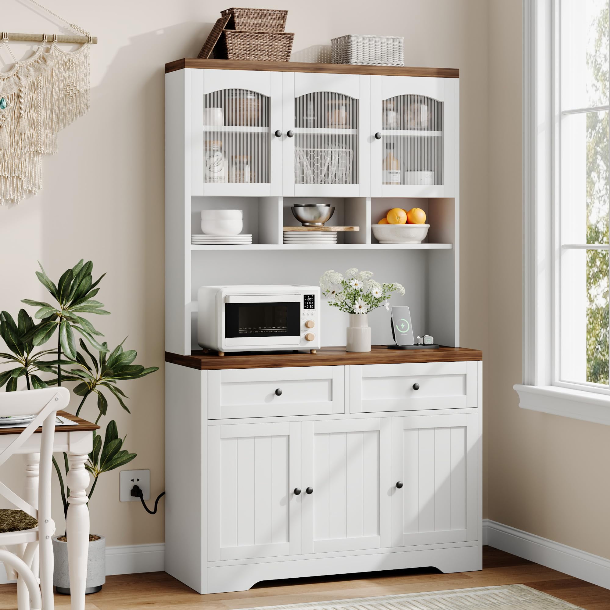 Gaderth Pantry Cabinet with Charging Station, Tall Kitchen Pantry Storage Cabinet with Hutch, 70.8 Inch Kitchen Cabinet, Kitchen Hutch with Storage Drawers, Fluted Glass Doors