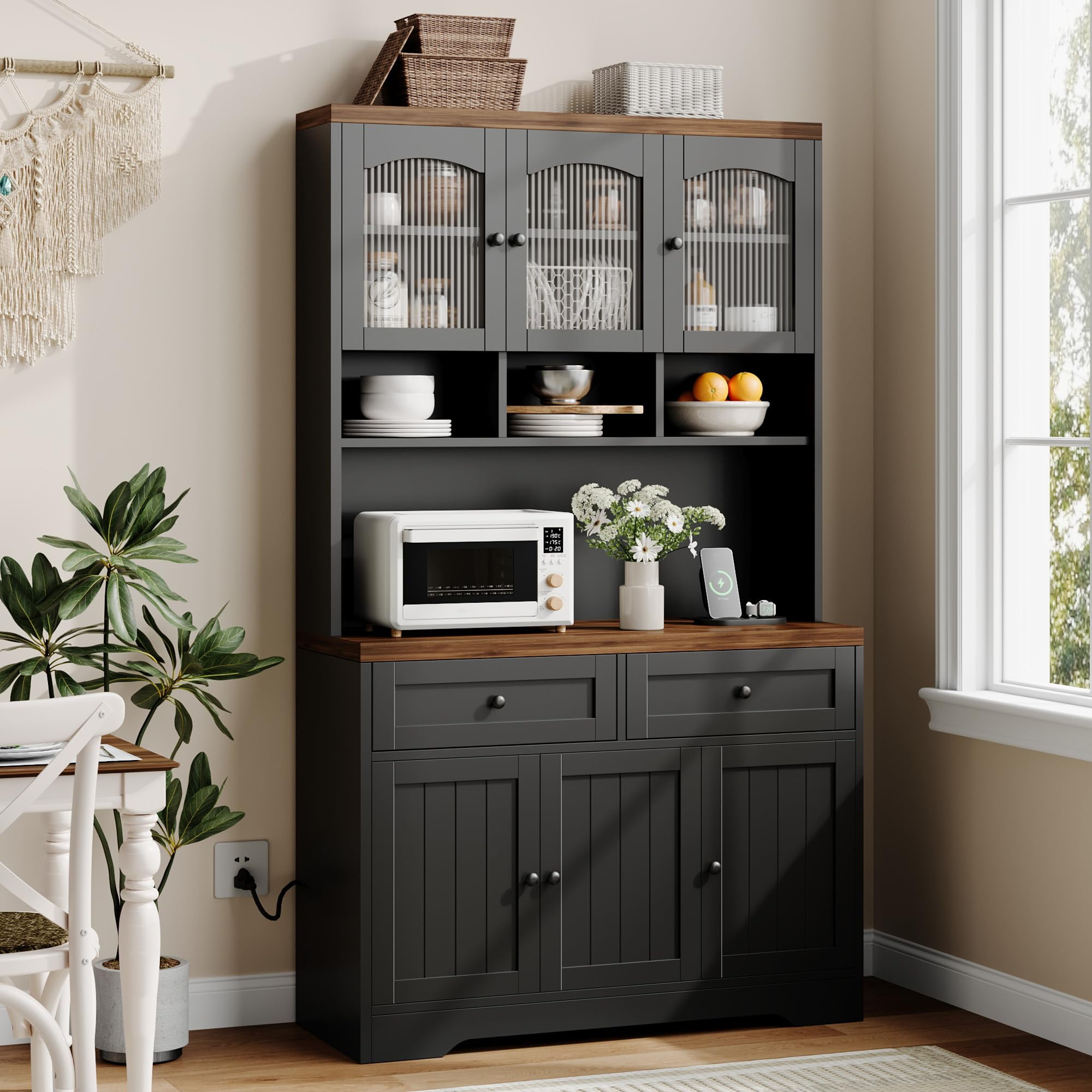 Gaderth Pantry Cabinet with Charging Station, Tall Kitchen Pantry Storage Cabinet with Hutch, 70.8 Inch Kitchen Cabinet, Kitchen Hutch with Storage Drawers, Fluted Glass Doors