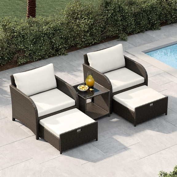 Gaderth Patio Furniture Set, 5-Piece PE Rattan Wicker Outdoor Seating Set with Ottomans and Glass Tabletop, All-Weather Conversation Furniture for Garden Balcony,ship in 2 boxes