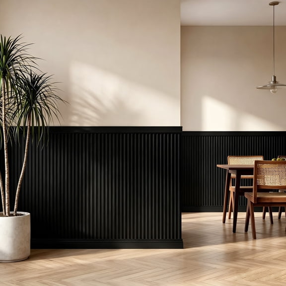 Gaderth Peel and Stick 3D Fluted Wainscoting Wall Panel Kit, 40 in H Vertical Groove Decorative Wall Boards with Top Molding - Easy DIY Install - For Bedroom/Living Room/Hallway - Black