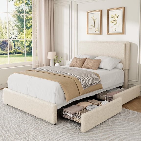 Gaderth Platform Bed Frame with Headboard,Teddy Fleece Thick Fabric Upholstered Platform Bed with 2 Storage Drawer, Cloud Bed Frame with Adjustable Headboard, No Box Spring Needed