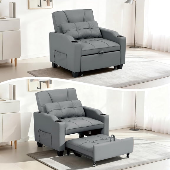 Gaderth Pull-Out Sofa Bed, Convertible Sleeper Sofa Bed, 4 in 1 Sleeper Chair with Vibration Massage Lumbar Pillow, Single Sofa Recliner Chair with USB/Type-C Port, Cup Holders and Side Pocket