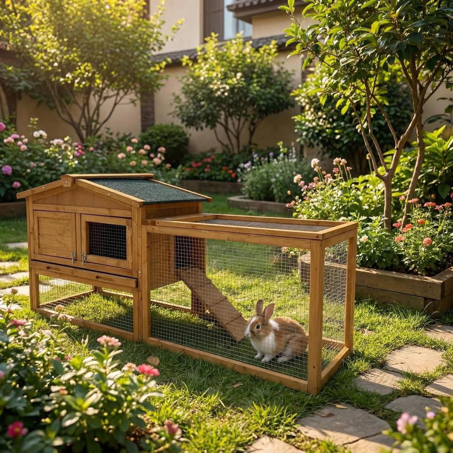 Gaderth Rabbit Hutch, 60in 2-Story Wooden Stable Bunny Cage Indoor/Outdoor with Removable Wire Netting and Weatherproof Leak Proof Tray Anti-Chew Metal Frame Ramp for Small Animals