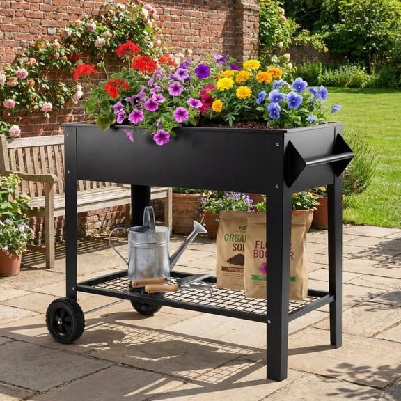 Gaderth Raised Planter Box with Wheels and Storage Shelf, 39" Elevated Garden Bed on Wheels, 400 Lbs Capacity Metal Garden Bed, Rust-Resistant Vegetable & Herb Planter
