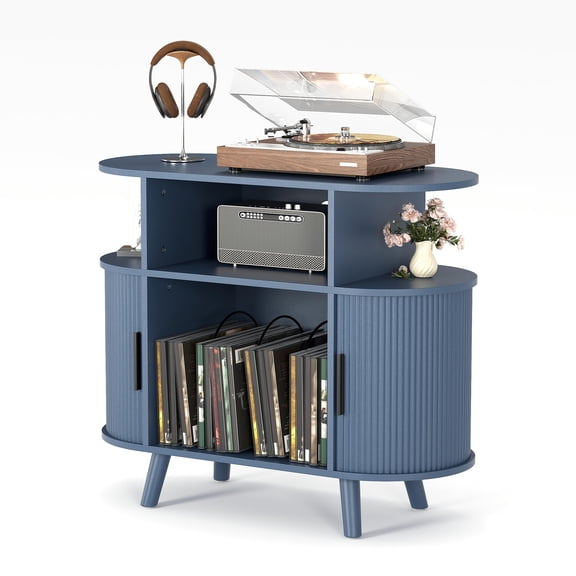 Gaderth Record Player Stand With Vinyl Storage,Mid Century Modern Turntable Stand With Sliding Doors,Fluted Round Vinyl Record Storage Cabinet For Bedroom Living Room Music Corner