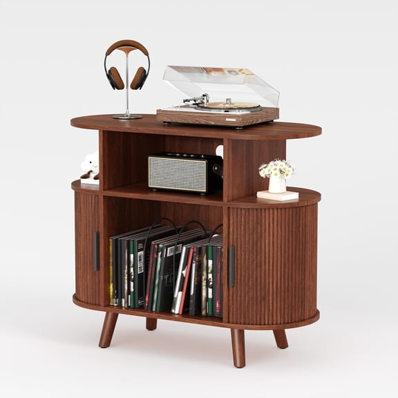 Gaderth Record Player Stand With Vinyl Storage,Mid Century Modern Turntable Stand With Sliding Doors,Fluted Round Vinyl Record Storage Cabinet For Bedroom Living Room Music Corner