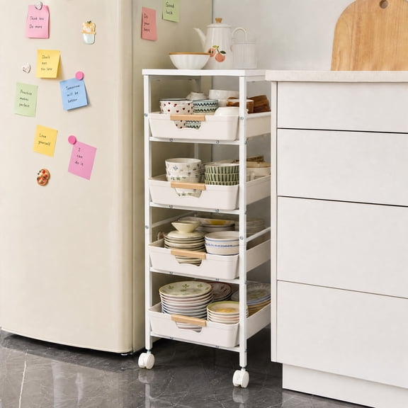 Gaderth Rolling Storage Cart on Wheels, Slim Rolling Cart Organizer with Pull-Out Basket & Tabletop, Movable Bathroom Cart for Kitchen Living Room Pantry