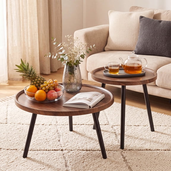 Gaderth Round Nesting Coffee Table Set of 2, Modern Industrial Simple Nightstand, tacking Minimalist End Table, Wood & Metal Accent Table For Living Room
