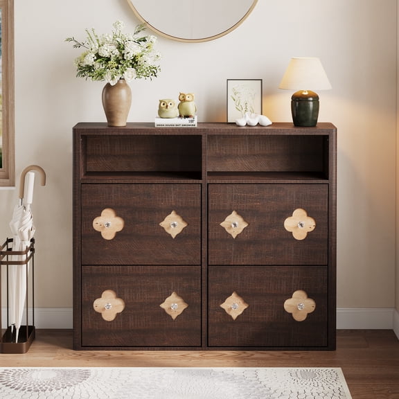 Gaderth Shoe Cabinet with Flip Drawers, Wooden Shoe Rack Cabinet, Shoe Storage Cabinet with Adjustable Shelves & Open Storage, Flower Pattern & Diamond Handle for Entryway, Hallway
